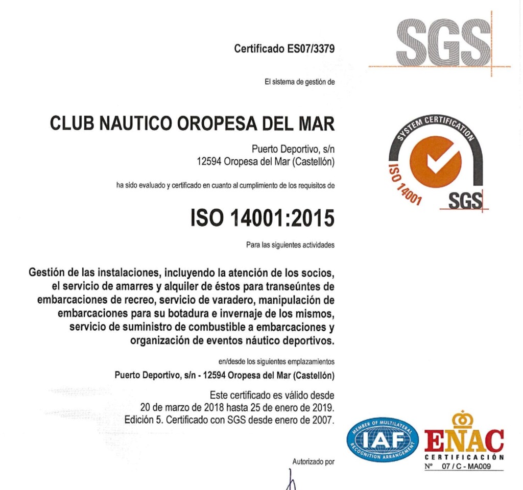 El Club Náutico Oropesa del Mar en su compromiso de mejora continua y con el medioambiente, ha renovado la certificación ISO 14001/2015.