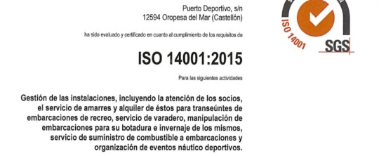 El Club Náutico Oropesa del Mar renueva la certificación ISO 14001 /2015