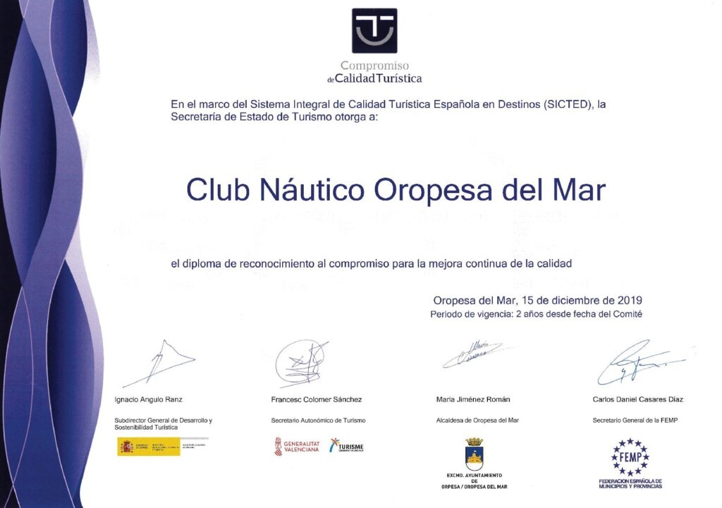 El Club Náutico Oropesa del Mar ha renovado su acreditación SICTED (Sistema Integral de Calidad Turística en Destino).