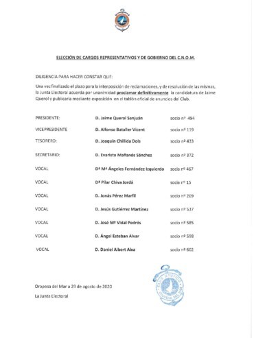 ELECCIONES CNOM 2020. CANDIDATURA DE D. JAIME QUEROL SANJUAN
